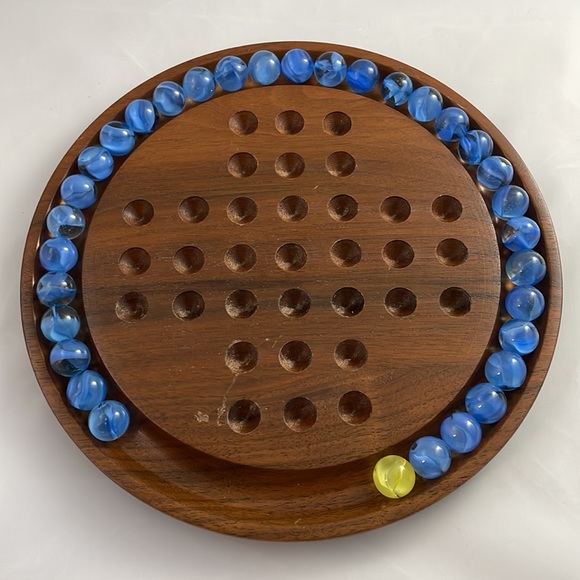 Vintage Marble Solitaire Board Game with Blue and Yellow Marbles - Picture 2 of 3
